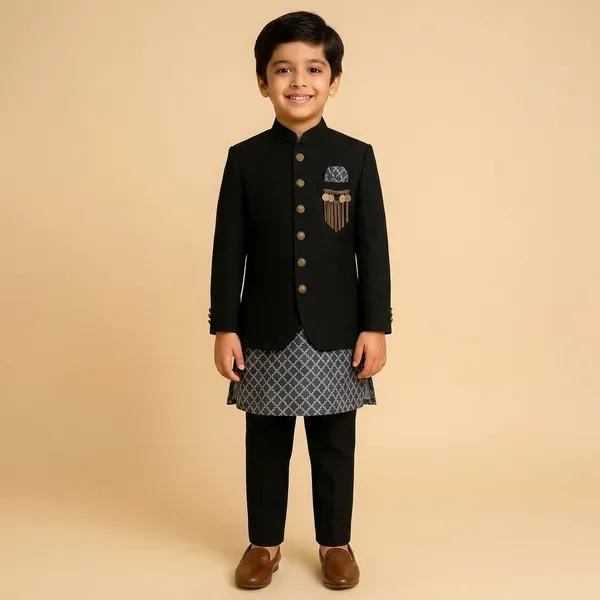 Boys_Black_Velvet_Embellished_Bandhgala_Jacket_with_Printed_Kurta_and_Pajama_Set