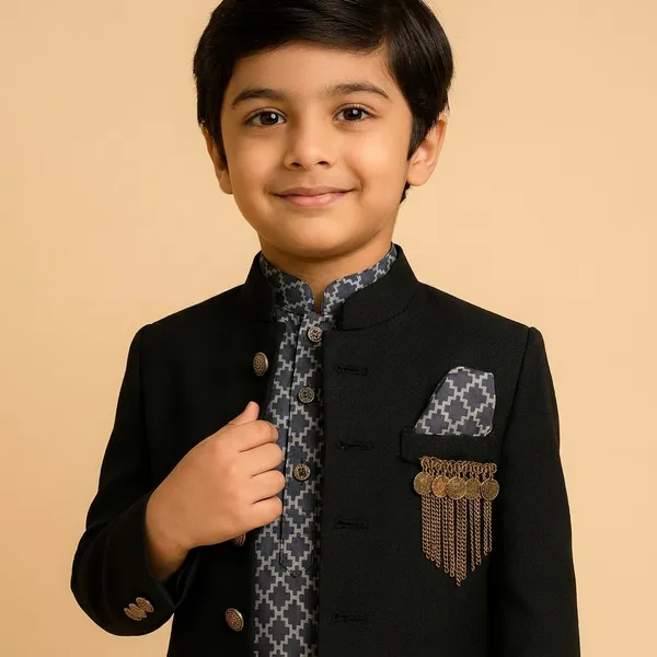 Boys_Black_Velvet_Embellished_Bandhgala_Jacket_with_Printed_Kurta_and_Pajama_Set