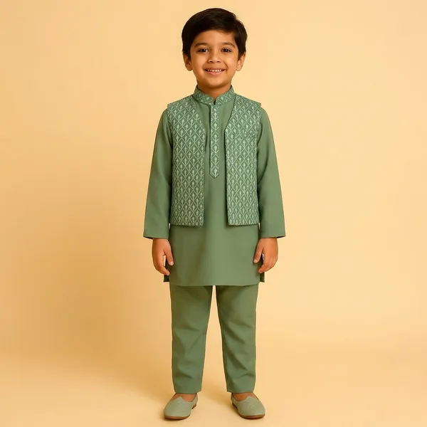 Boys_Green_Ethnic_Kurta_Set_with_Embroidered_Jacket