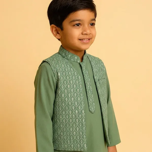 Boys_Green_Ethnic_Kurta_Set_with_Embroidered_Jacket
