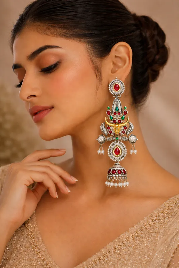 Harinya_Premium_Pink_And_Green_Jhumki_Earrings