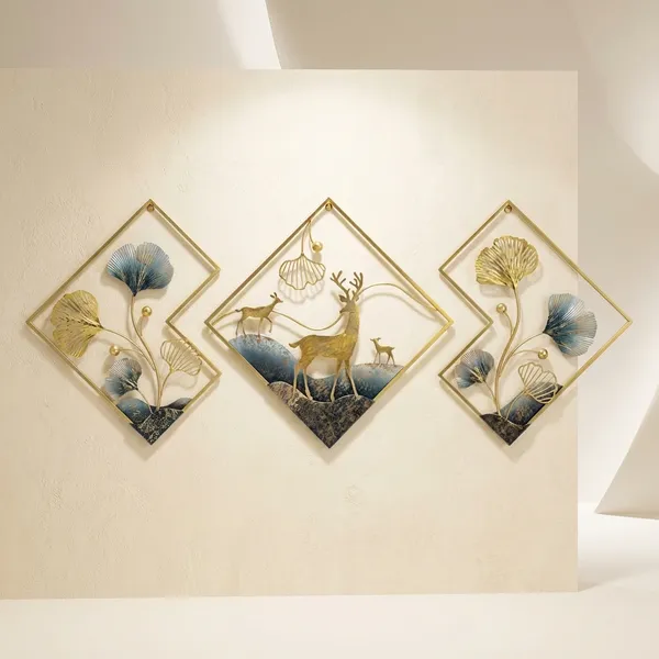 Golden_And_Bluish_Iron_Deer_Family_Wall_Art