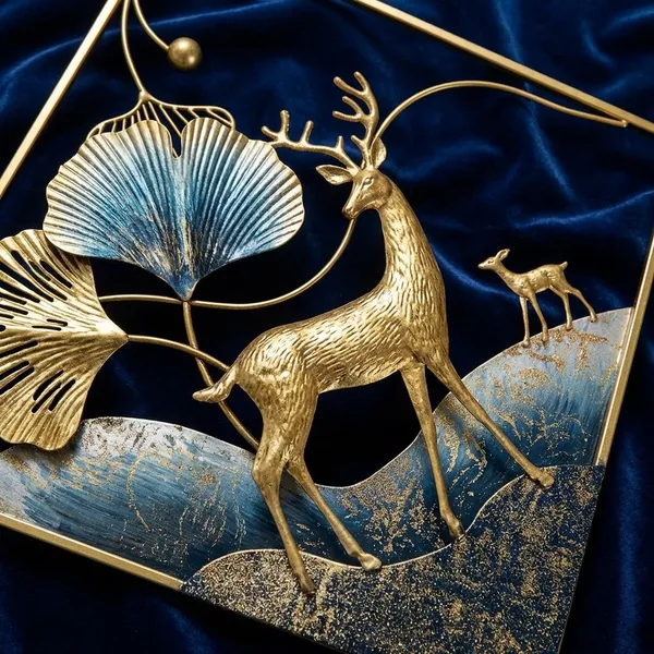 Golden_And_Bluish_Iron_Deer_Family_Wall_Art