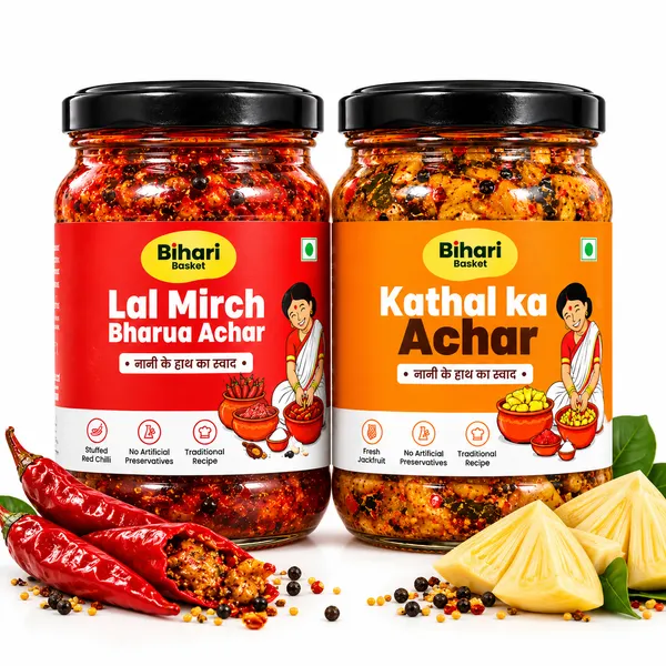 Lal_Mirch_Bharua_Achar_&_Kathal_Ka_Achar_Combo_(500*2=1000gm)_|_Bihari_Basket_|_Traditional_Bihari_Pickle_Combo_|_Stuffed_Red_Chilli_&_Jackfruit_Pickle