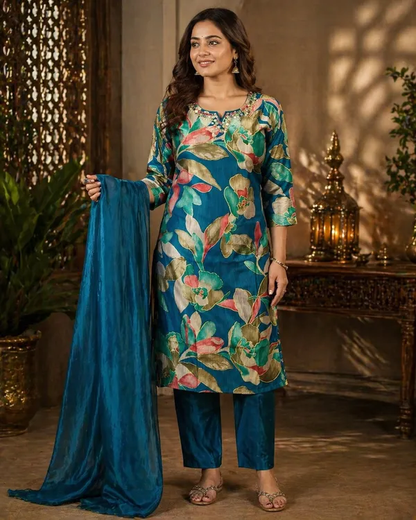 Blue_Floral_Printed_Salwar_Kameez_Suit_With_Dupatta