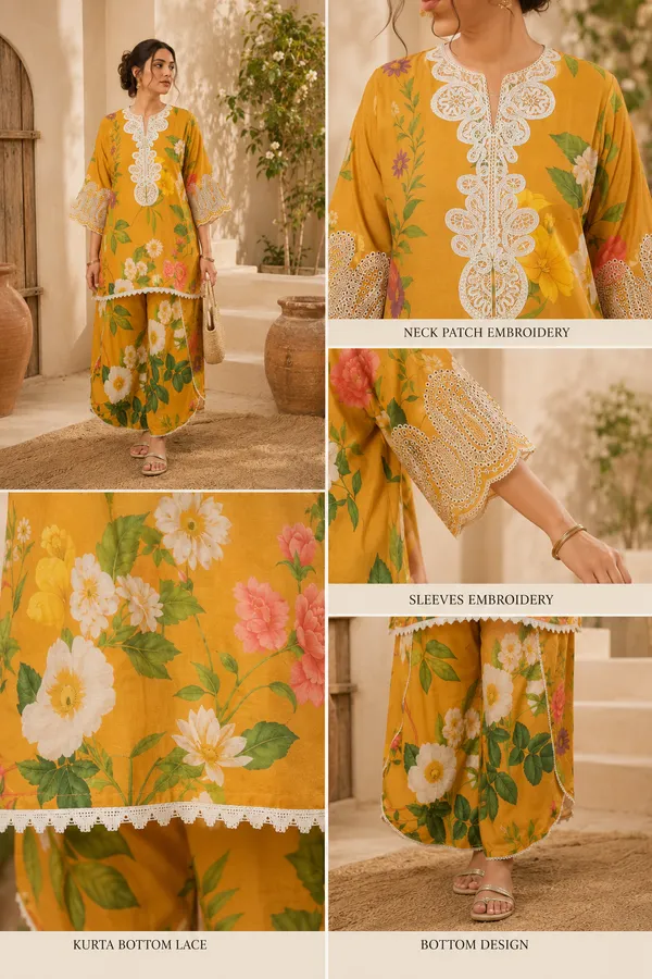 Mustard_Yellow_And_Blue_Floral_Print_Kurti_And_Salwar_Kameez_Suit_With_Dupatta_For_Women