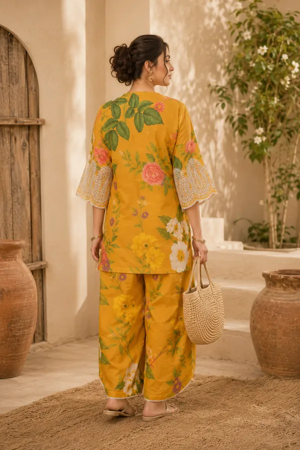 Mustard_Yellow_And_Blue_Floral_Print_Kurti_And_Salwar_Kameez_Suit_With_Dupatta_For_Women