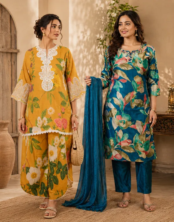 Mustard_Yellow_And_Blue_Floral_Print_Kurti_And_Salwar_Kameez_Suit_With_Dupatta_For_Women