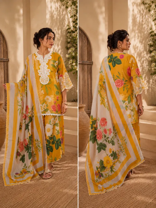 Mustard_Yellow_And_Blue_Floral_Print_Kurti_And_Salwar_Kameez_Suit_With_Dupatta_For_Women