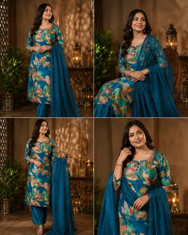 Mustard_Yellow_And_Blue_Floral_Print_Kurti_And_Salwar_Kameez_Suit_With_Dupatta_For_Women