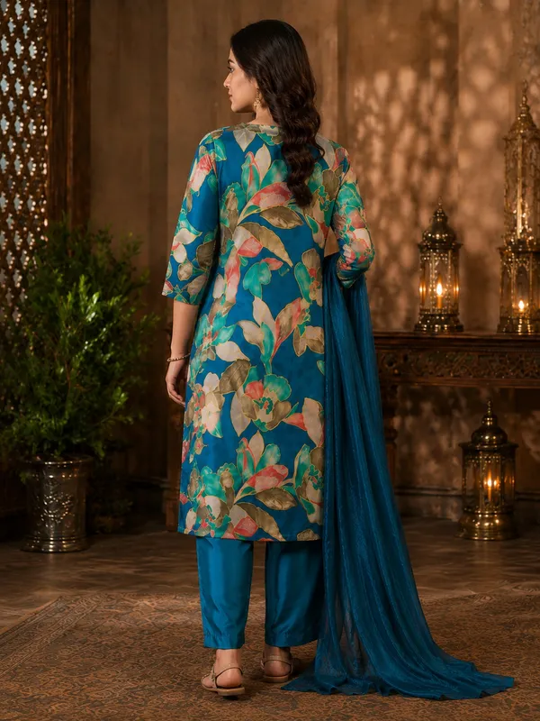 Mustard_Yellow_And_Blue_Floral_Print_Kurti_And_Salwar_Kameez_Suit_With_Dupatta_For_Women