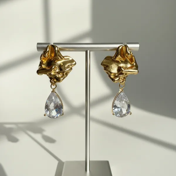 Anti-Tarnish_Gold_Abstract_Teardrop_Crystal_Dangle_Earrings