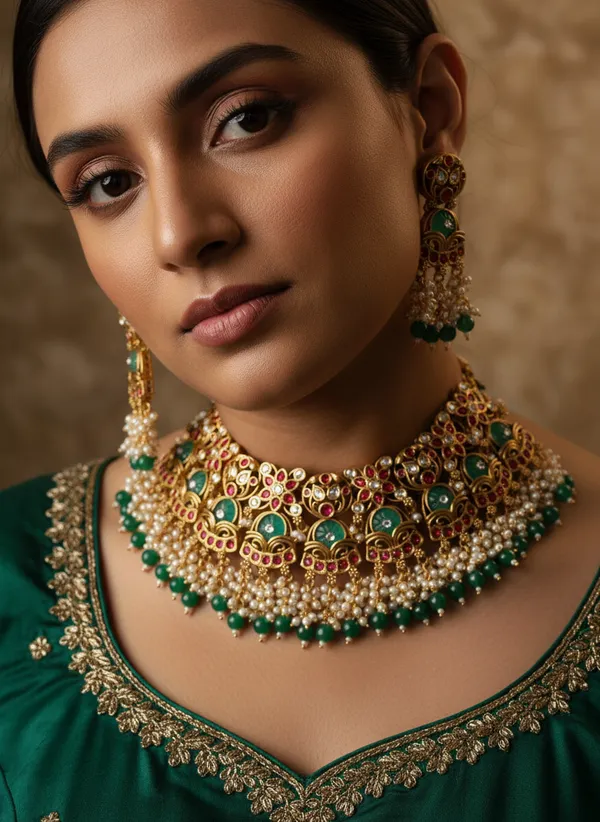 Indian_Set_Royal_Kundan_Choker_Necklace_Set_With_Pearls_And_Green_Beads