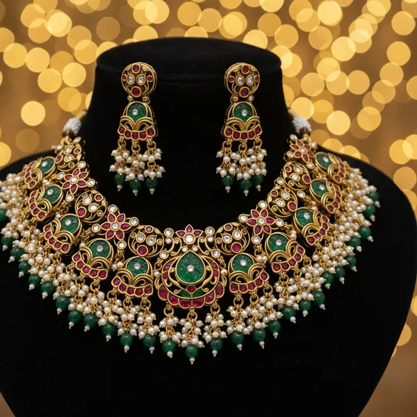 Indian_Set_Royal_Kundan_Choker_Necklace_Set_With_Pearls_And_Green_Beads