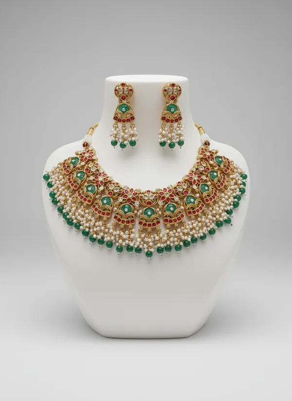 Indian_Set_Royal_Kundan_Choker_Necklace_Set_With_Pearls_And_Green_Beads