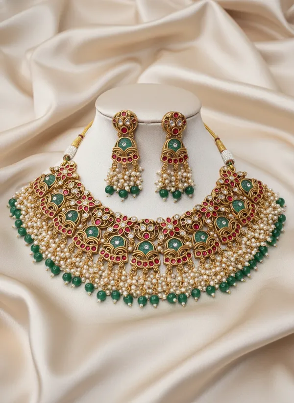Indian_Set_Royal_Kundan_Choker_Necklace_Set_With_Pearls_And_Green_Beads