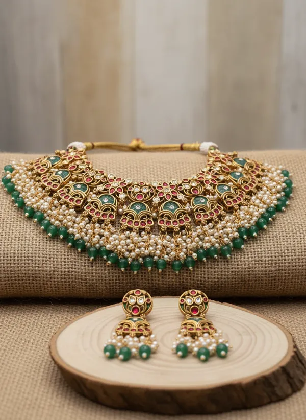 Indian_Set_Royal_Kundan_Choker_Necklace_Set_With_Pearls_And_Green_Beads