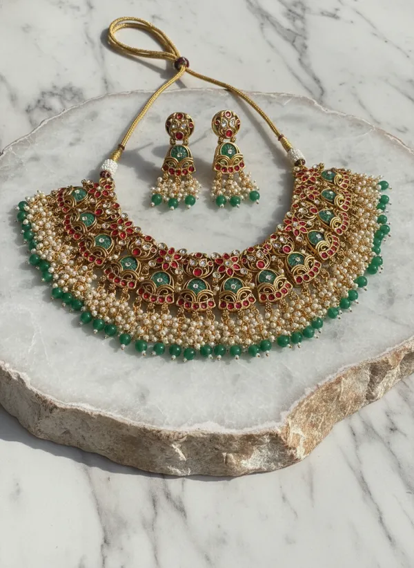 Indian_Set_Royal_Kundan_Choker_Necklace_Set_With_Pearls_And_Green_Beads