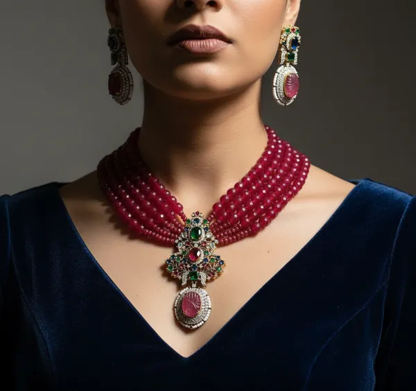 Indian_Set_Ruby_Bead_Multi-Strand_Necklace_And_Earring_Set