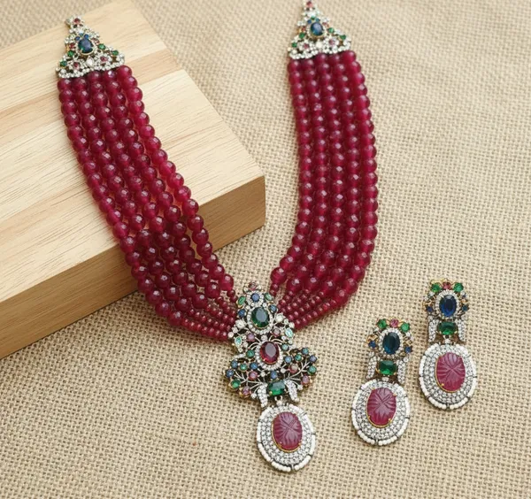 Indian_Set_Ruby_Bead_Multi-Strand_Necklace_And_Earring_Set
