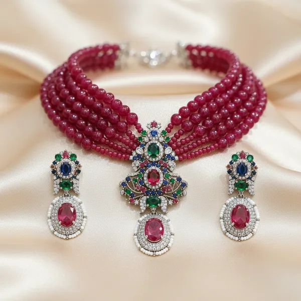 Indian_Set_Ruby_Bead_Multi-Strand_Necklace_And_Earring_Set