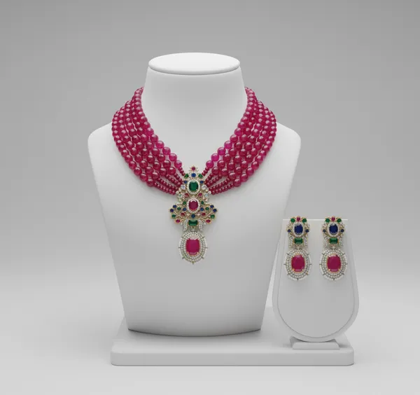 Indian_Set_Ruby_Bead_Multi-Strand_Necklace_And_Earring_Set
