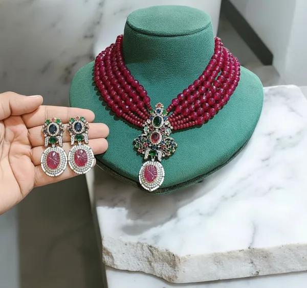Indian_Set_Ruby_Bead_Multi-Strand_Necklace_And_Earring_Set