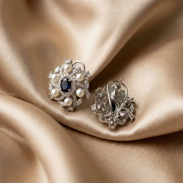 Silver_Pearl_and_Sapphire_Earring_Floral_Studs
