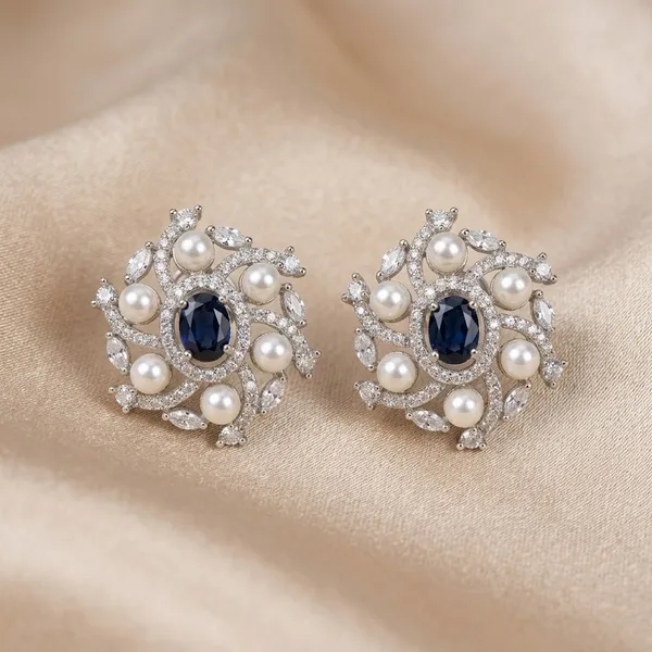 Silver_Pearl_and_Sapphire_Earring_Floral_Studs