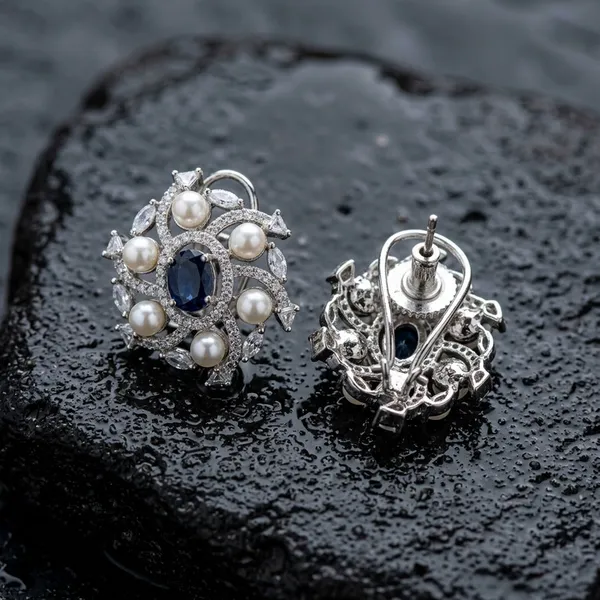 Silver_Pearl_and_Sapphire_Earring_Floral_Studs