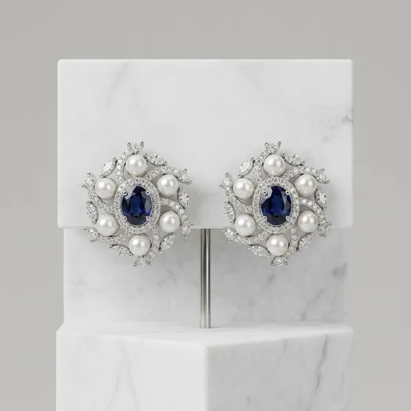 Silver_Pearl_and_Sapphire_Earring_Floral_Studs