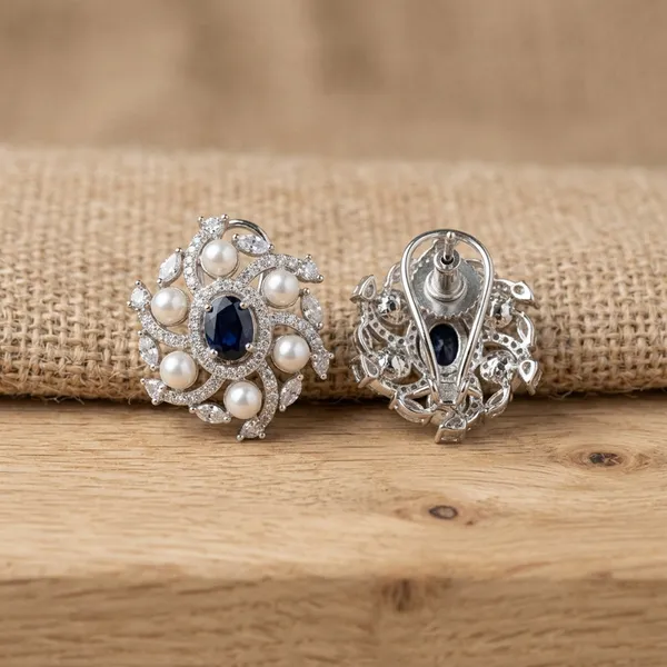 Silver_Pearl_and_Sapphire_Earring_Floral_Studs