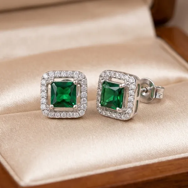 Elegant_Emerald_Green_Square_Halo_Stud_Earrings__Luxury_Jewelry