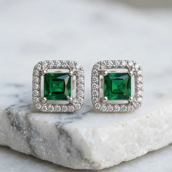 Elegant_Emerald_Green_Square_Halo_Stud_Earrings__Luxury_Jewelry