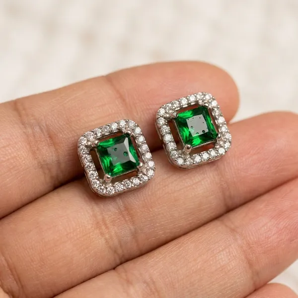 Elegant_Emerald_Green_Square_Halo_Stud_Earrings__Luxury_Jewelry