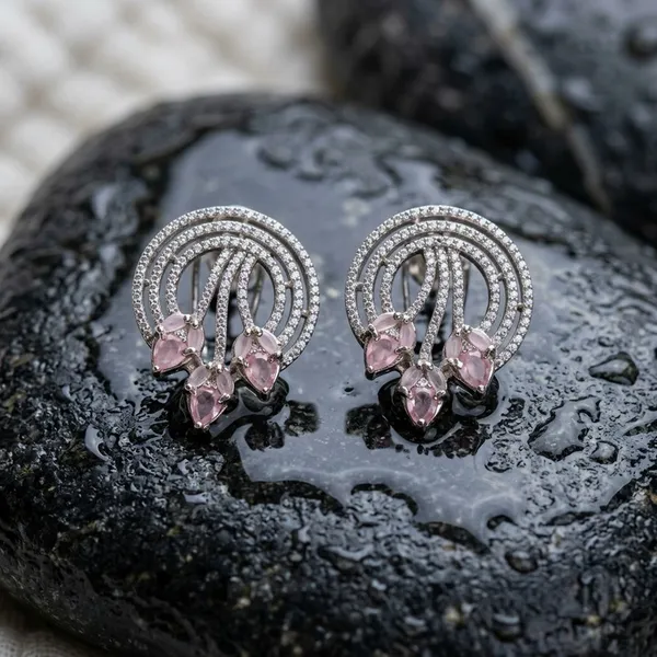 Silver_Toned_Pink_Stone_Earring_Floral_Swirl_Studs