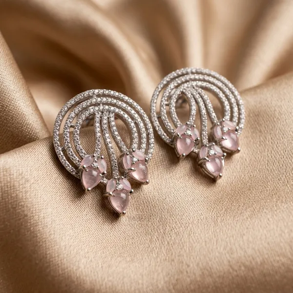 Silver_Toned_Pink_Stone_Earring_Floral_Swirl_Studs