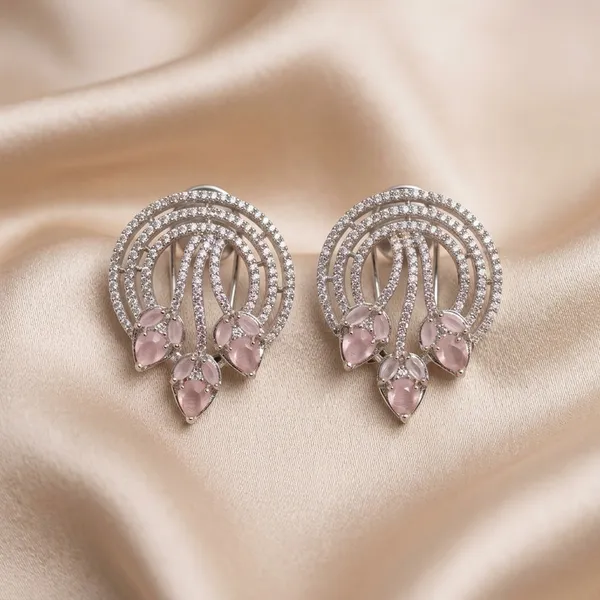 Silver_Toned_Pink_Stone_Earring_Floral_Swirl_Studs