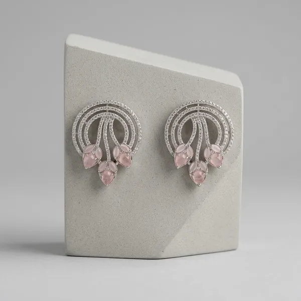Silver_Toned_Pink_Stone_Earring_Floral_Swirl_Studs