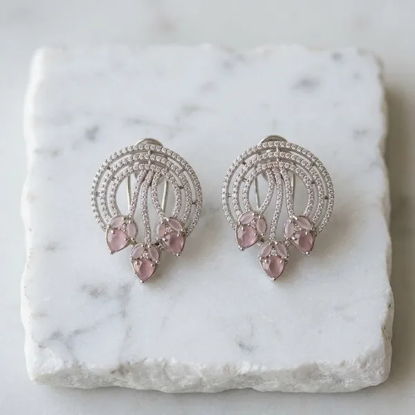 Silver_Toned_Pink_Stone_Earring_Floral_Swirl_Studs