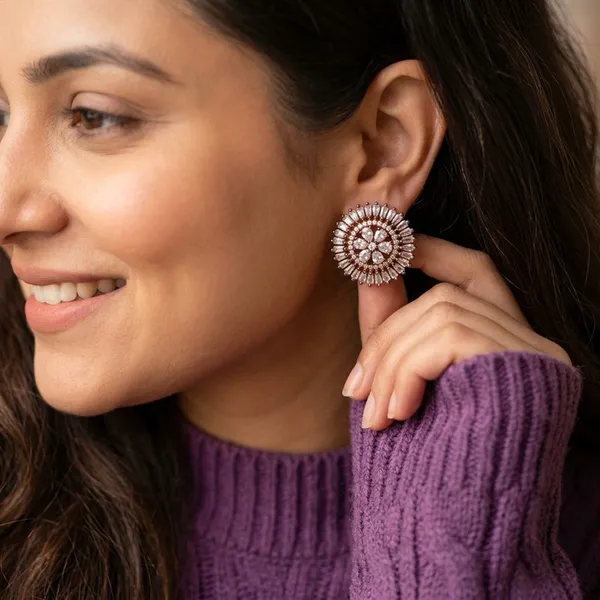 Elegant__Rose_Gold_Floral_Mandala_Stud_Earrings_with_Baguette_Stones