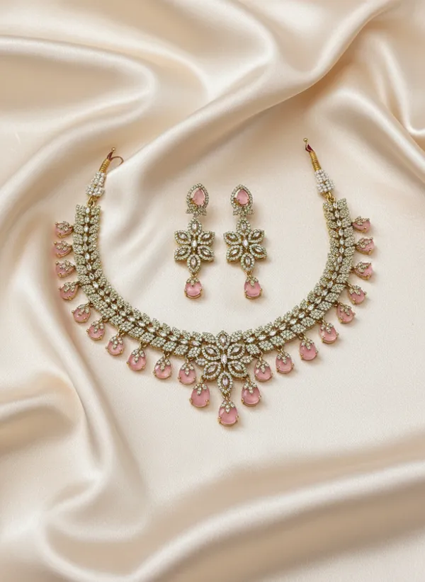 Indian_Set_Gold_Plated_Jewelry_Set_Pink_Floral_Teardrop