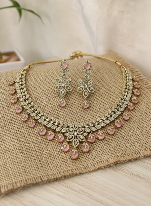 Indian_Set_Gold_Plated_Jewelry_Set_Pink_Floral_Teardrop