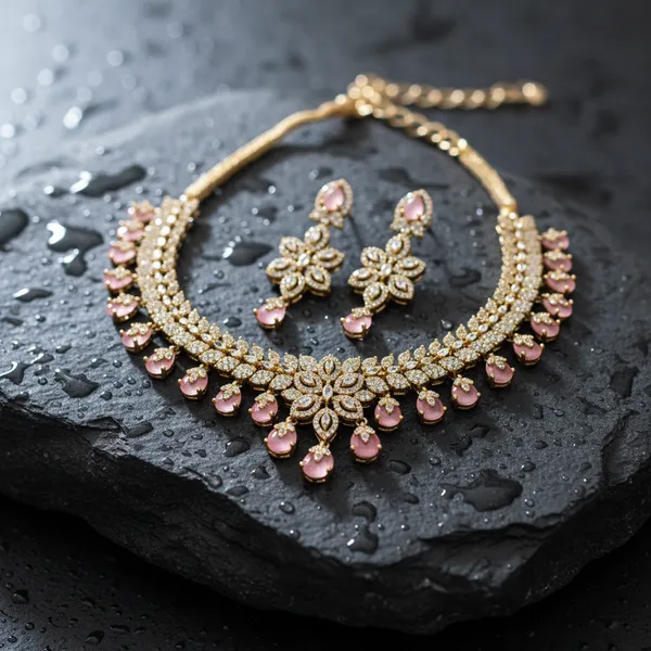 Indian_Set_Gold_Plated_Jewelry_Set_Pink_Floral_Teardrop