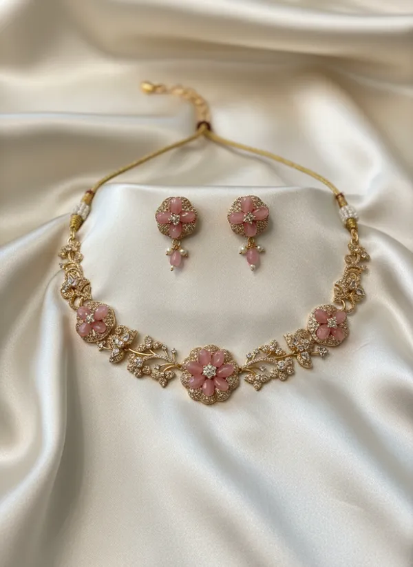 Indian_Set_Gold_Plated_Pink_Stone_Floral_Jewelry_Set