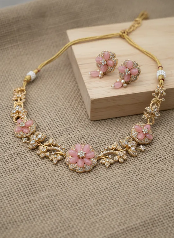Indian_Set_Gold_Plated_Pink_Stone_Floral_Jewelry_Set