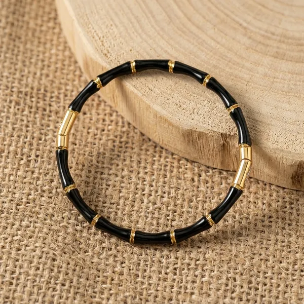 Luxury_Black_Onyx_Bamboo_Bracelet_For_Women_|_Gold-Tone_Stretch_Bangle_Jewelry