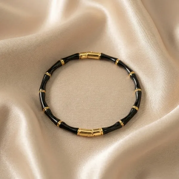 Luxury_Black_Onyx_Bamboo_Bracelet_For_Women_|_Gold-Tone_Stretch_Bangle_Jewelry