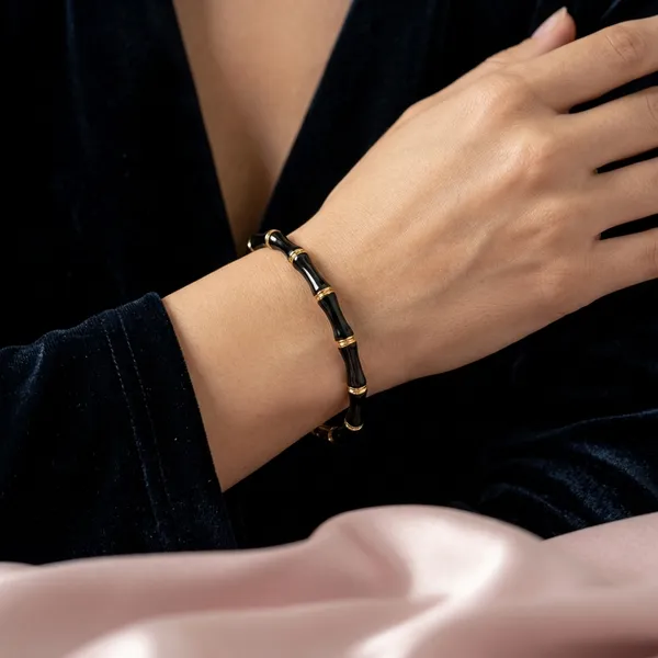 Luxury_Black_Onyx_Bamboo_Bracelet_For_Women_|_Gold-Tone_Stretch_Bangle_Jewelry