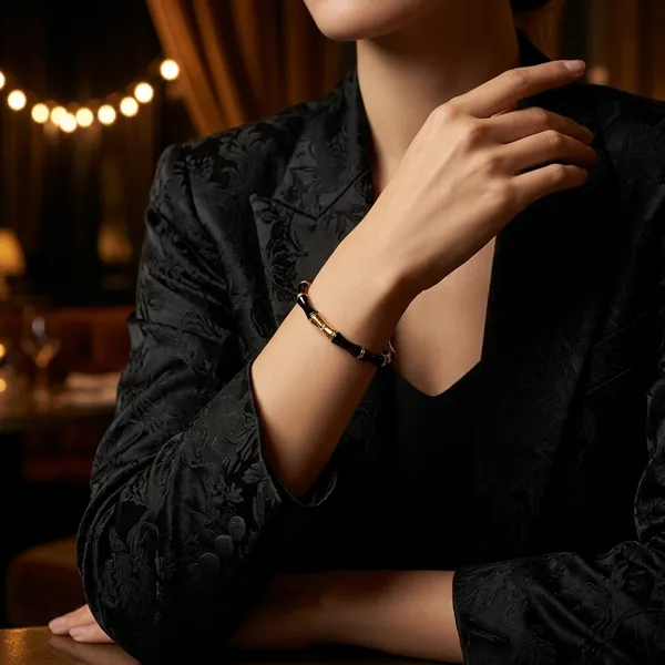 Luxury_Black_Onyx_Bamboo_Bracelet_For_Women_|_Gold-Tone_Stretch_Bangle_Jewelry